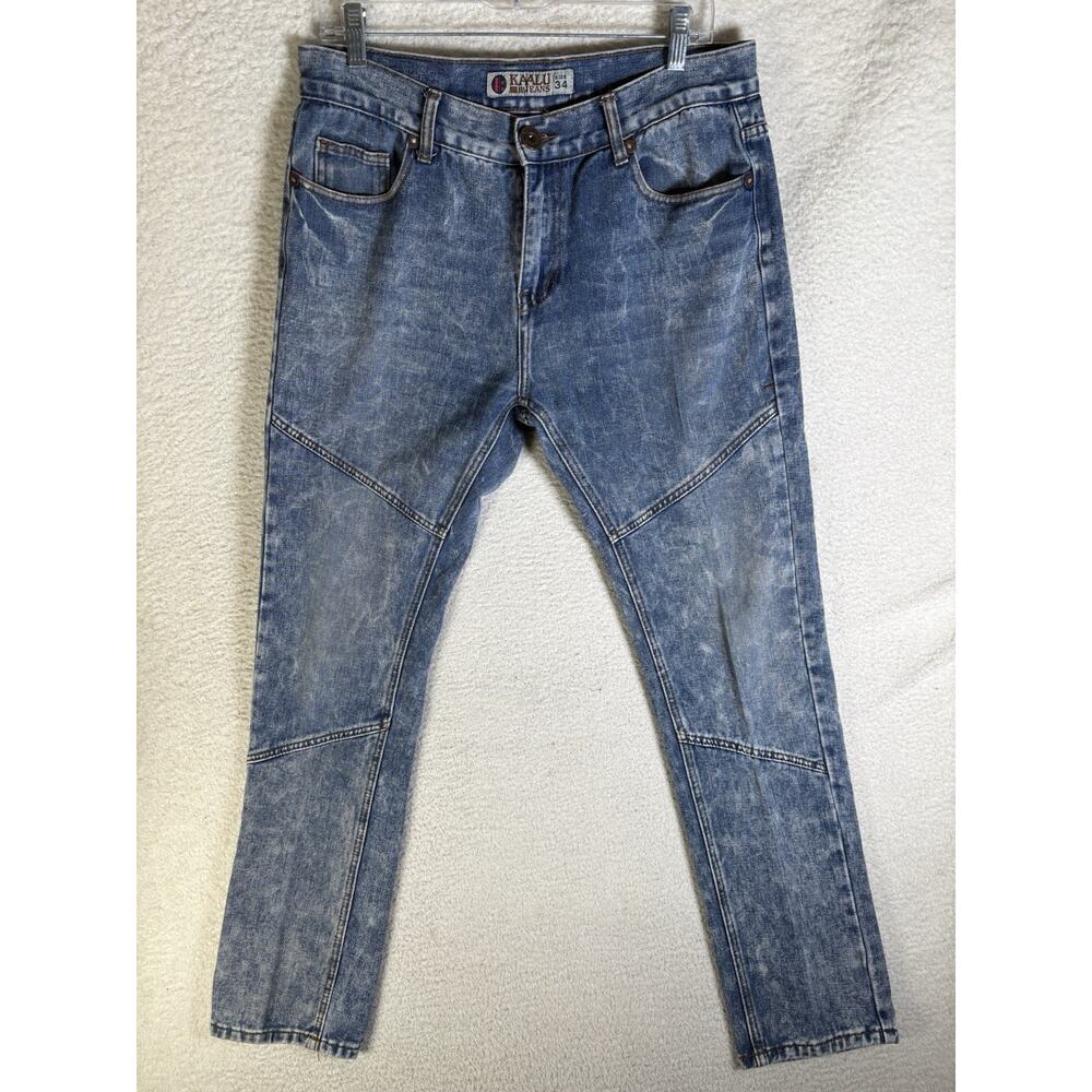 Kaalu Moto Jeans Mens 34x31 Blue Denim Motorcycle Riding Whiskered Marbled